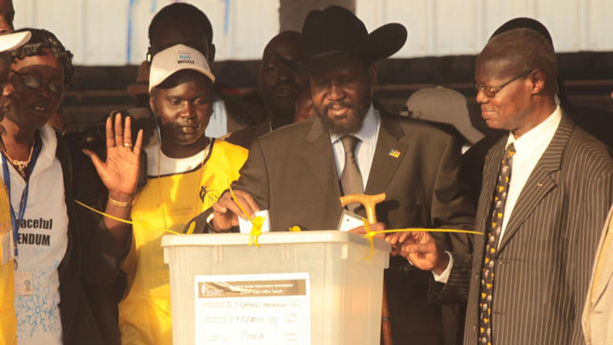 Salva Kiir Mayardit, acting President of the Government of Southern Sudan, casts his vote during the first day of voting for the independence referendum in the southern Sudanese city of Juba, Sudan.