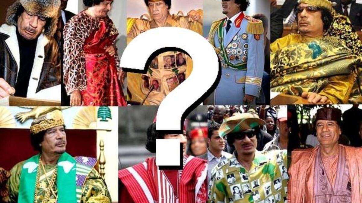 Gaddafi gear: What will this man of theatrical costume be wearing on his next appearance, dare we suggest, 
captured or on trial?
He might need to stock up on some 'training suits' or night dress, like his peers. 
On one point, we can be sure: that  he will pull out all the stops to impress us. The exhibitionist in him will fight to the finish.