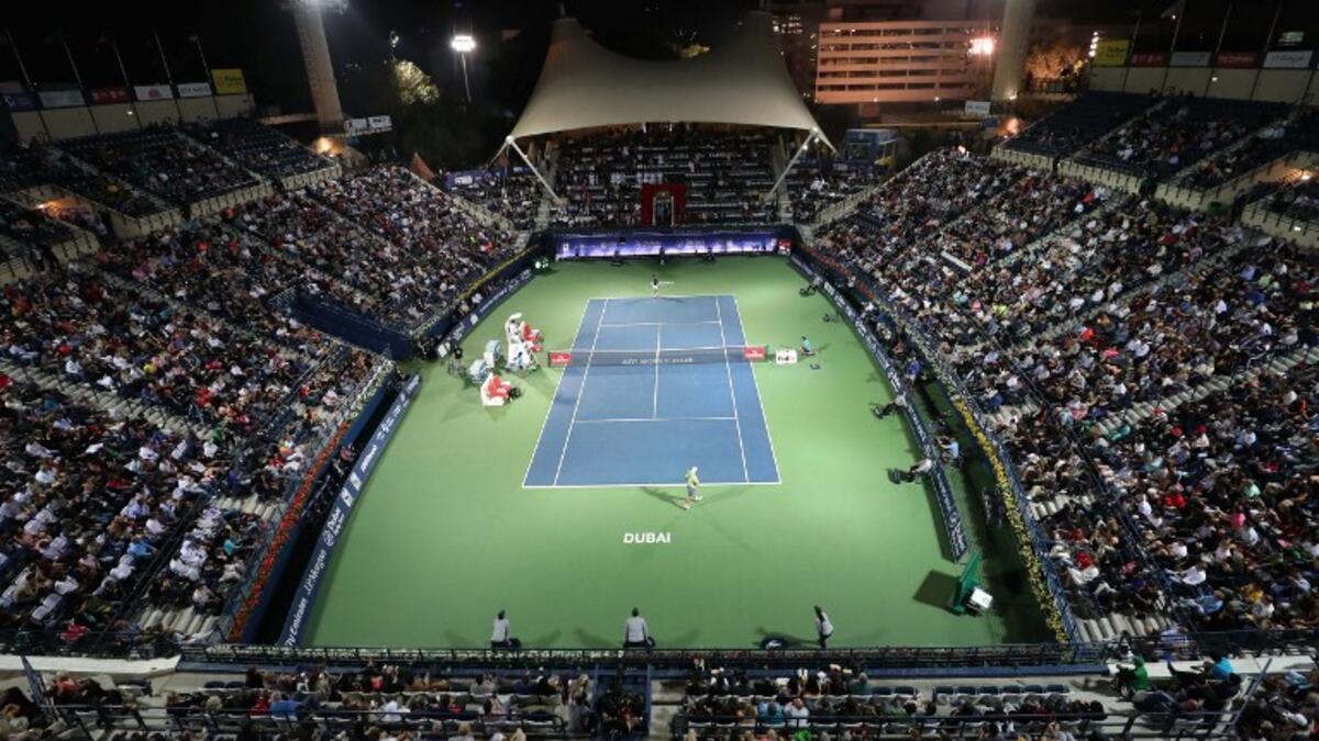 A general view shows Spain's Roberto Bautista Agut playing against Lucas Pouille of France during their final match in the 2018 ATP Dubai Duty Free Tennis Championships on March 3, 2018.
KARIM SAHIB / AFP