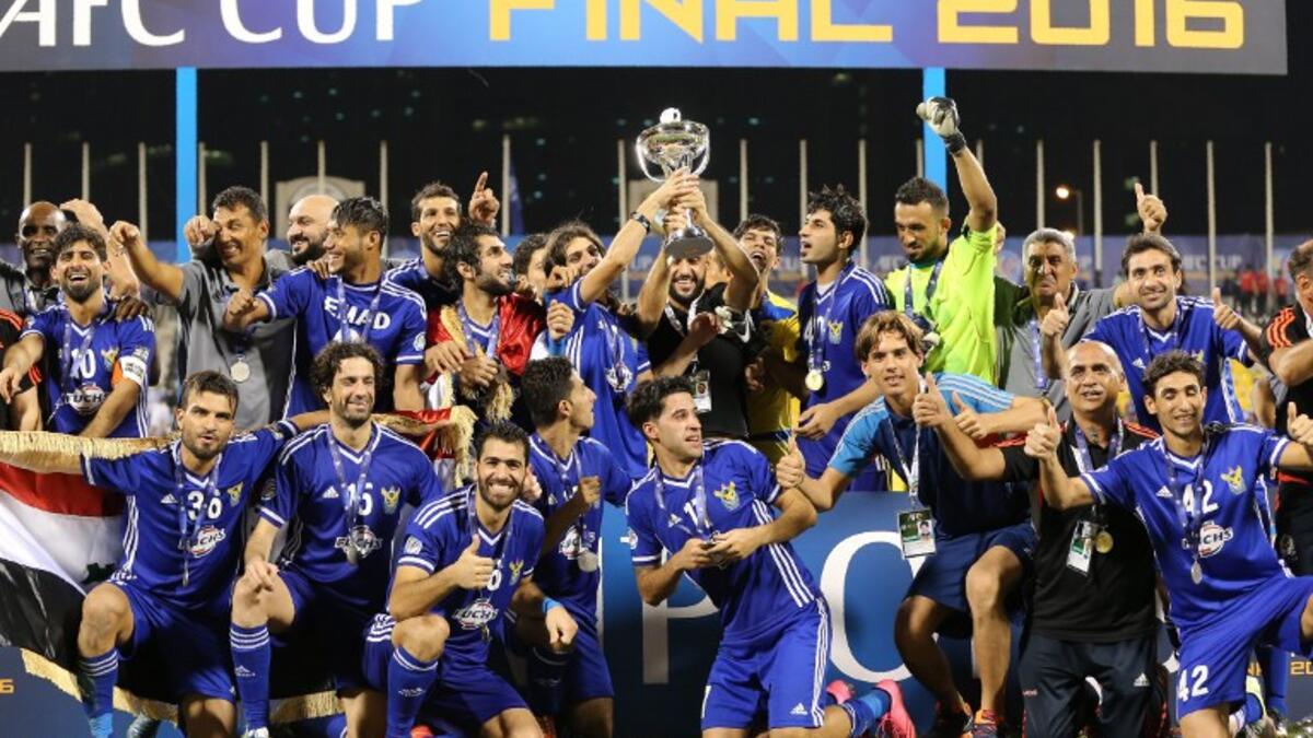 Iraq's Air Force Club players celebrate after beating India's Bengaluru FC to win the AFC Asian Cup football final at the Qatar Sports club in Doha, on November 5, 2016.
KARIM JAAFAR / AFP