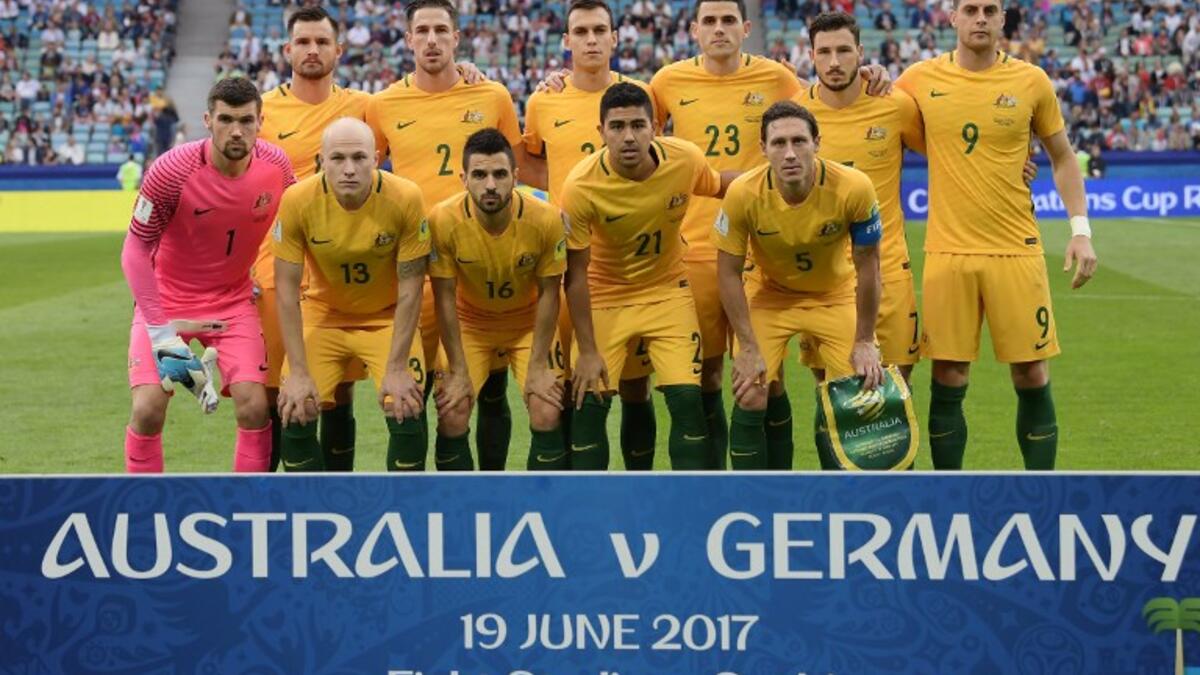 Australia's football team players (back L-R) Bailey Wright, Milos Degenek, Trent Sainsbury, Tommy Rogic, Mathew Leckie, Tomi Juric, (front L-R) Mathew Ryan, Aaron Mooy, Aziz Behich, Massimo Luongo, Mark Milligan during their 2017 Confederations Cup group B match against Germany at the Fisht Stadium in Sochi on June 19, 2017.
FRANCK FIFE / AFP
