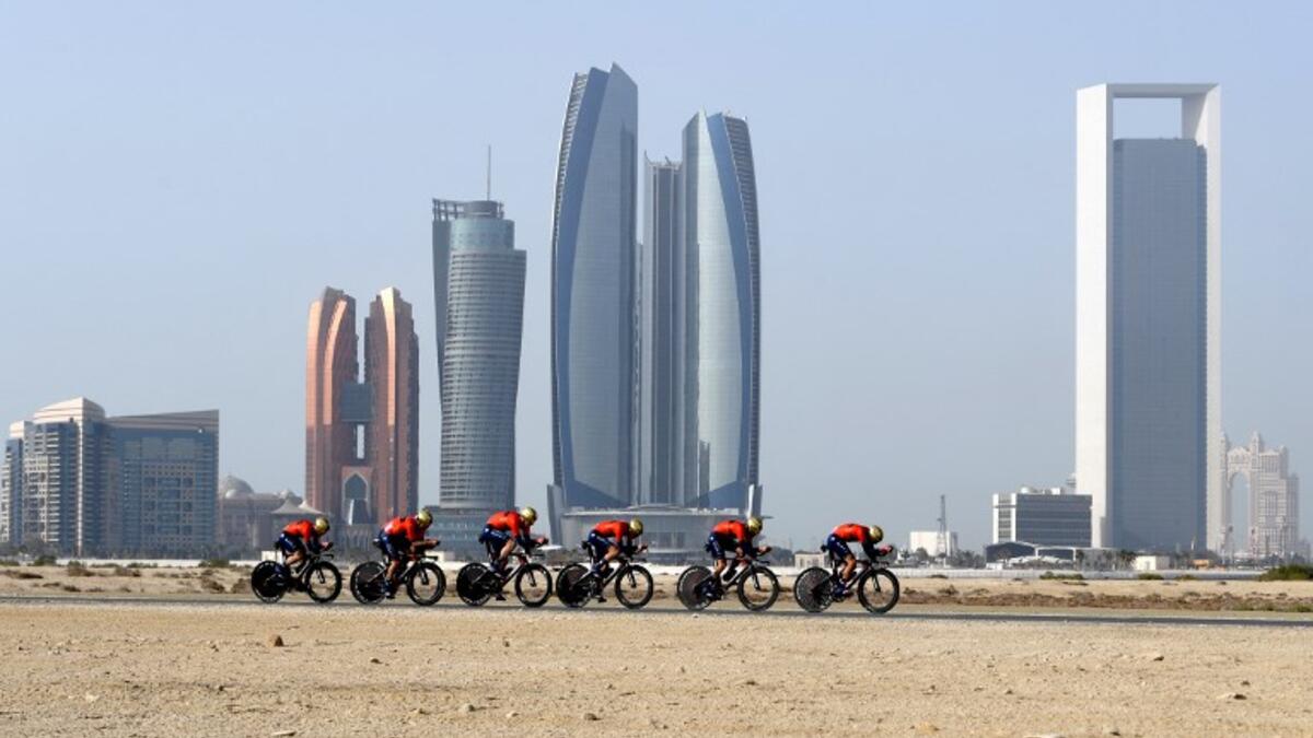 Team Bahrain Merida competes during the first stage of the UAE tour in Abu Dhabi on February 24, 2019.

GIUSEPPE CACACE / AFP