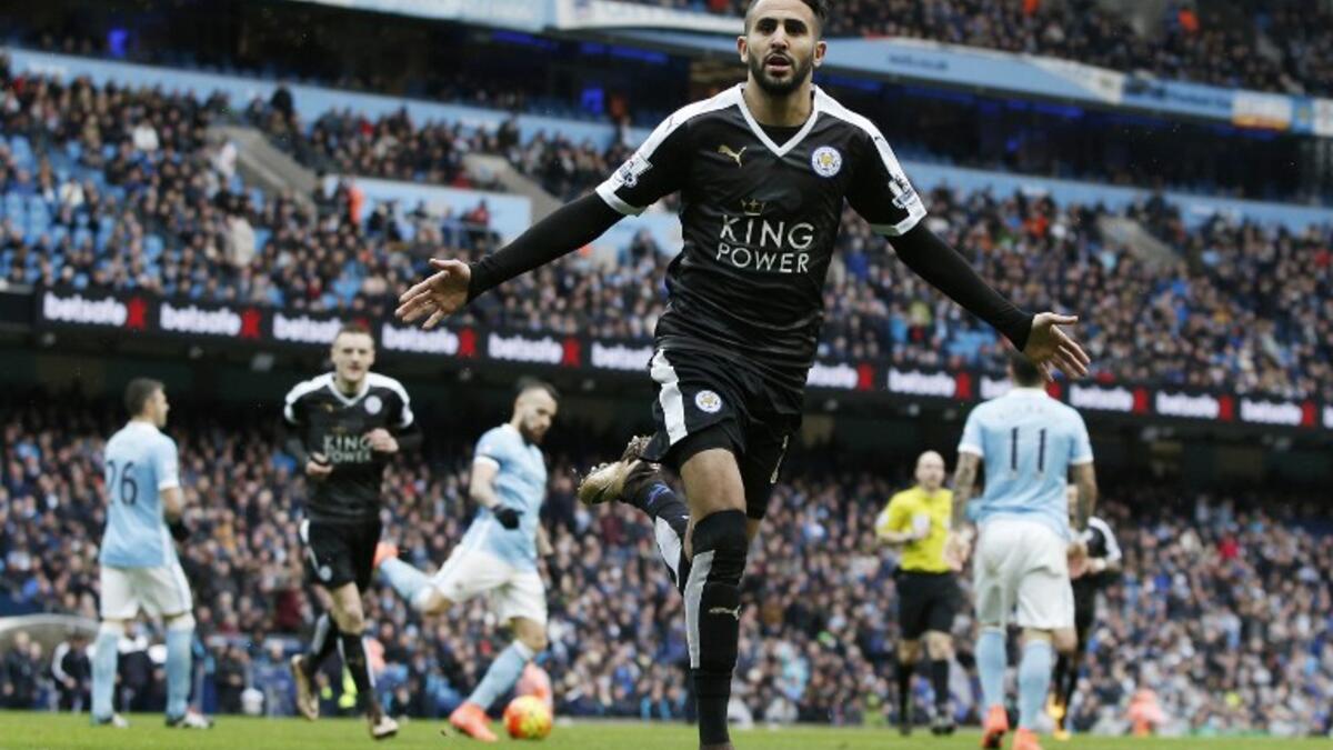 Leicester City's Algerian midfielder Riyad Mahrez celebrates scoring his team's second goal during the English Premier League football match against Manchester City at the Etihad Stadium in Manchester, north west England, on February 6, 2016.