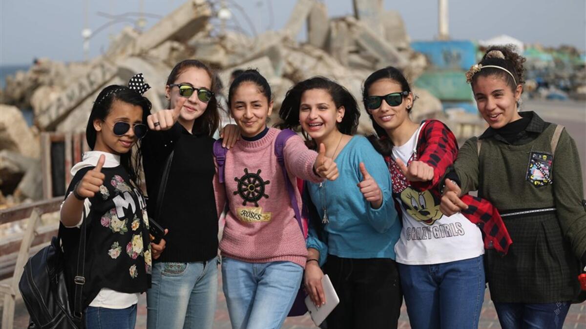 Gaza City: Palestinian students on a trip to Gaza City to mark International Women's Day. (AFP/Mohammed Abed)