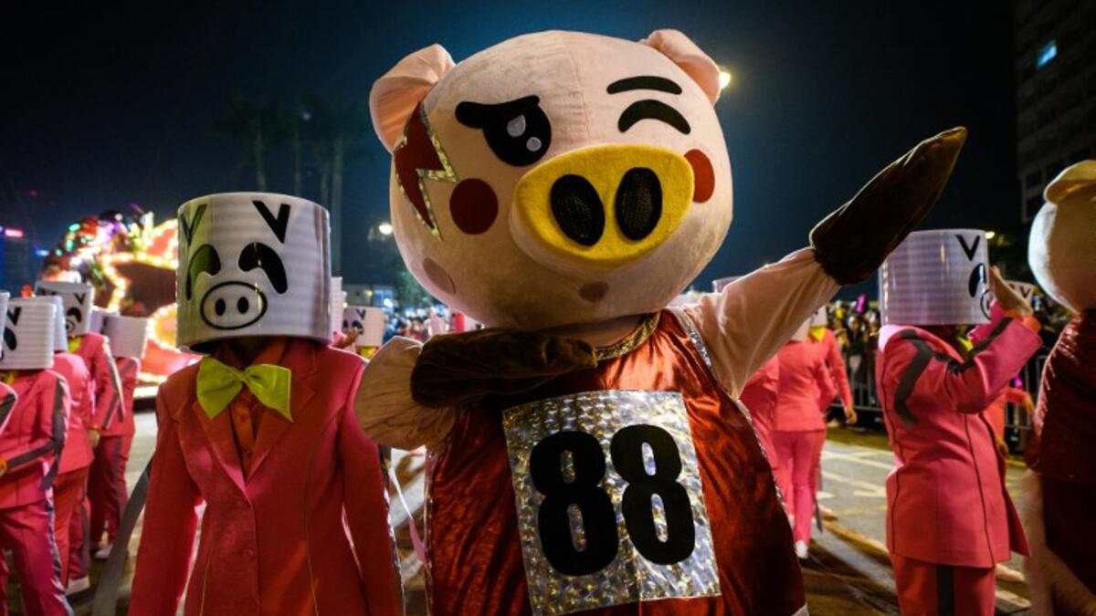 Performers wear pig customers as they take part in the annual Lunar New Year parade in the Kowloon district of Hong Kong on February 5, 2019, to mark the Year of the Pig. 
Anthony WALLACE / AFP