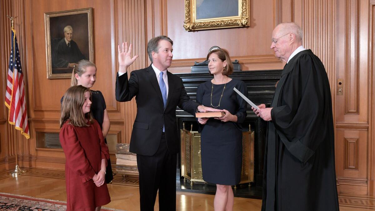 US Supreme Court nominee Judge Brett Kavanaugh is sworn in as the 114th Supreme Court justice. (Twitter)