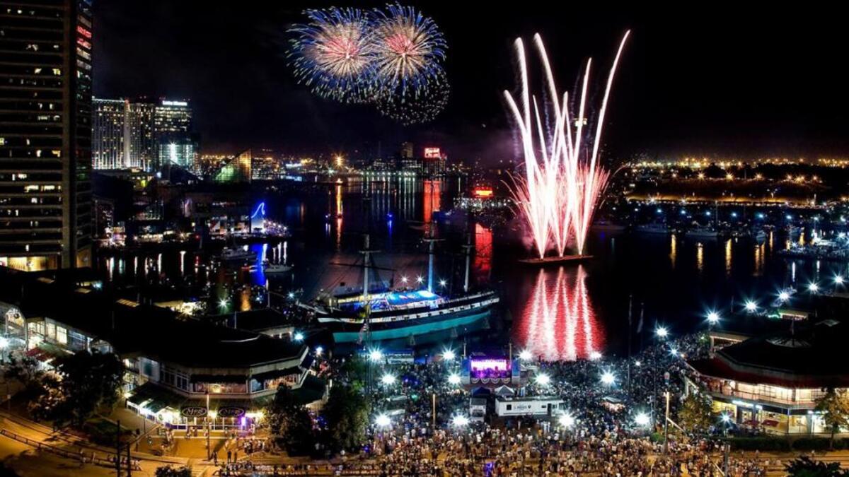 July 4 fireworks over Baltimore's Inner Harbor, Maryland, USA. (Baltimore Office)
