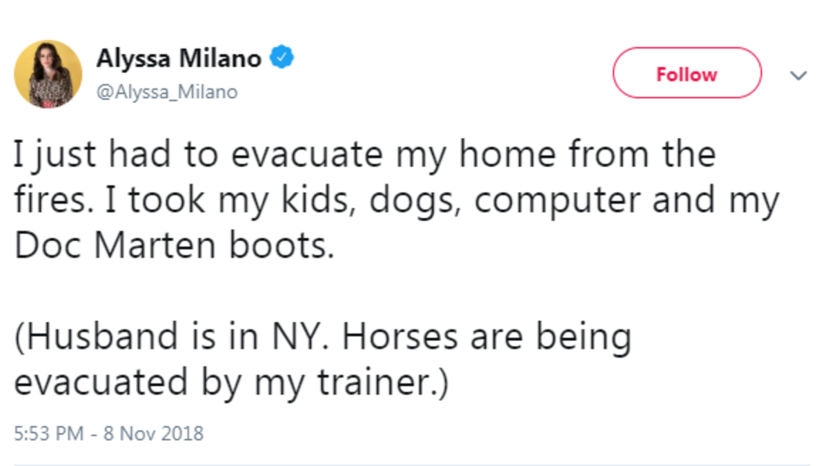 النجمة أليسا ميلانو: طلبت المساعدة لإخراج جيادها الخمسة من المنطقة، وقالت: "أخذت أبنائي وكلابي وجهاز الكمبيوتر وحذاء من ماركة دوك مارتنز".