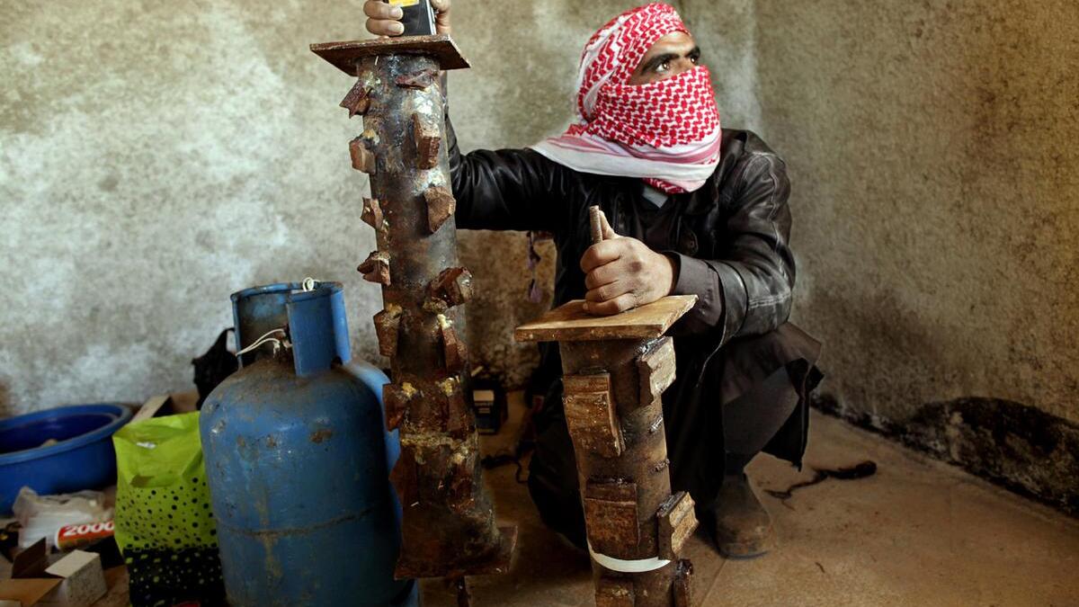 The effectiveness of killer pipe bombs has been well documented, and in Syria — where standard munitions like grenades can be hard to come by — rebel groups have been churning them out by the hundreds. The bombs pictured here feature pieces of metal welded onto their casings for added shrapnel in the explosion.