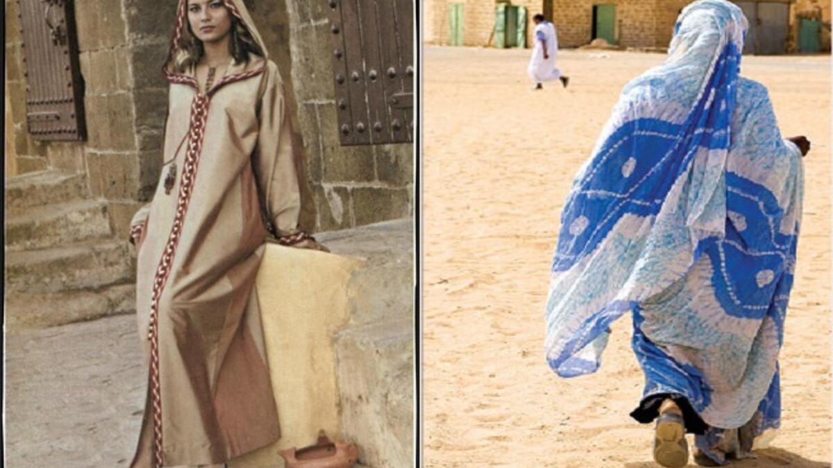 المغرب: في جنوبه يرتدون "الملحفة" وهي عبارة عن قطعة ثوب طولها نحو 4 أمتار، وهي ملونة بألوان مزركشة وترتديها المرأة في مختلف فصول السنة، وتشتهر المغرب أيضاً بالعباية ذات القبعة التي تضعها المرأة والتي تتميز بها عن كل العربيات.