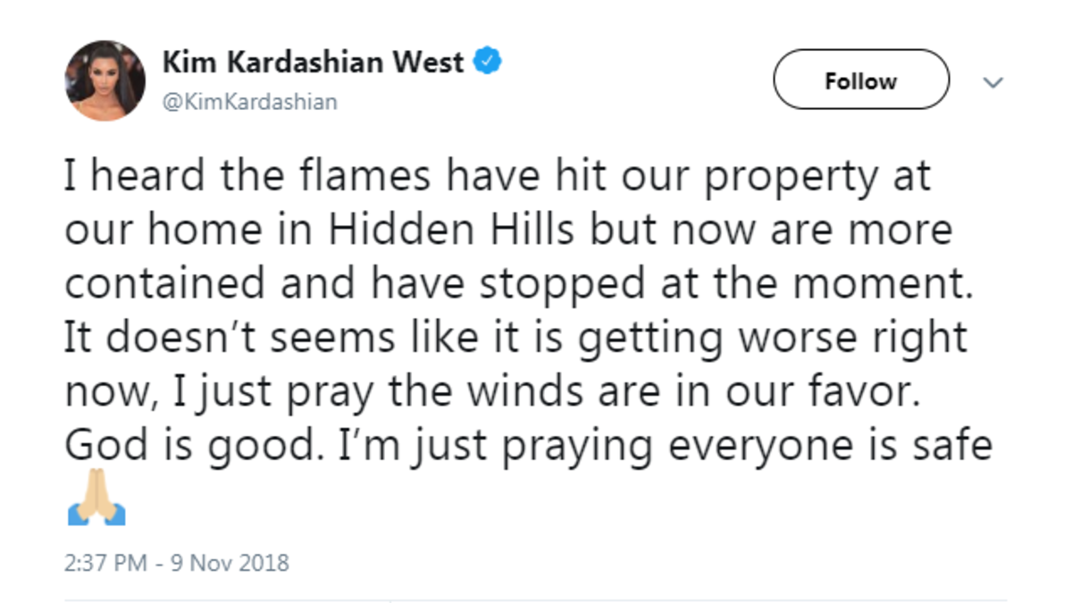 كيم كارداشيان: أخلت منزلها يوم الخميس الماضي، وكتبت على "تويتر": "علمت أن النيران وصلت إلى منزلنا.. ولكن تم احتواؤها بشكل أفضل الآن وتوقفت".