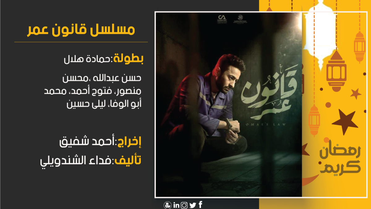 قانون عمر: تدور الأحداث حول مهندس ميكانيكي يعمل في مركز صيانة سيارات، ويقع في حب ابنة صاحب مركز الصيانة، ثم يقع له حادث يقلب حياته رأسًا على عقب.