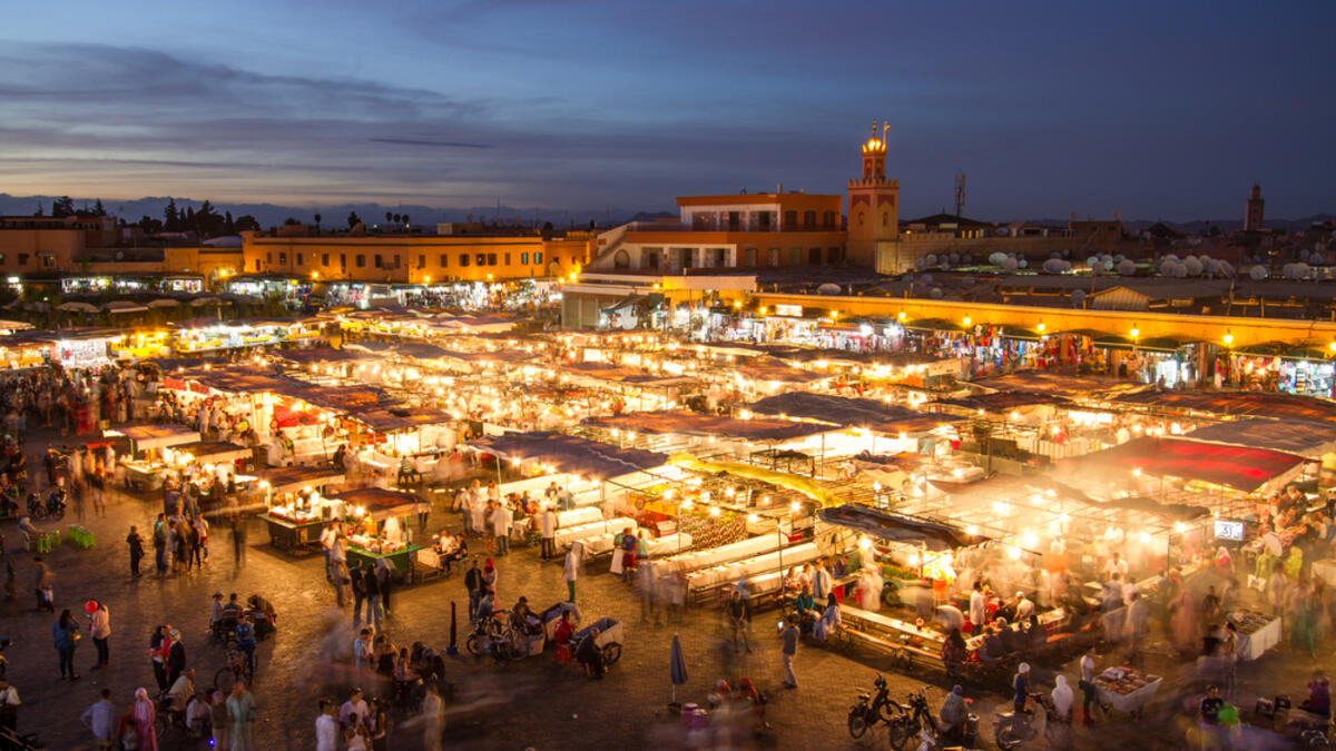 Jamaa el Fna market square at dusk, Marrakesh, Morocco, north Africa. Jemaa el-Fnaa, Djema el-Fna or Djemaa el-Fnaa is a famous square and market place in Marrakesh's medina quarter (Shutterstock/File Photo)