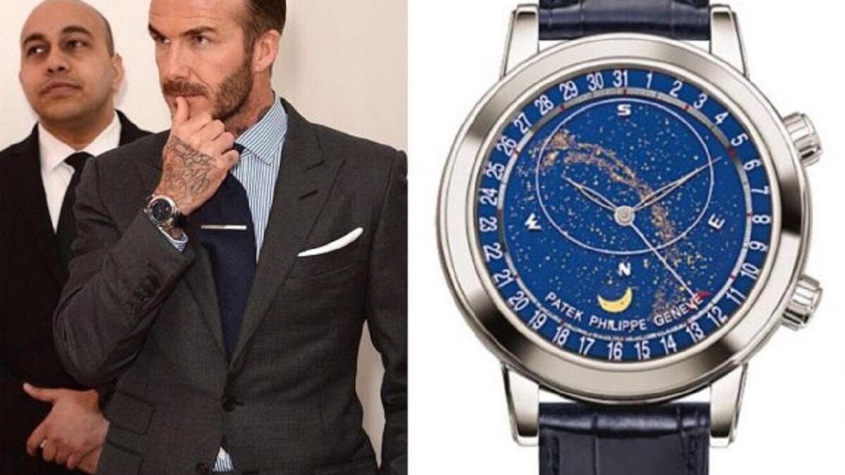 النجم الانجليزي ديفيد بيكام يرتدي ساعة باتِك فيليب سيليستيال. يبلغ سعرها ما يقارب 266700 دولار.