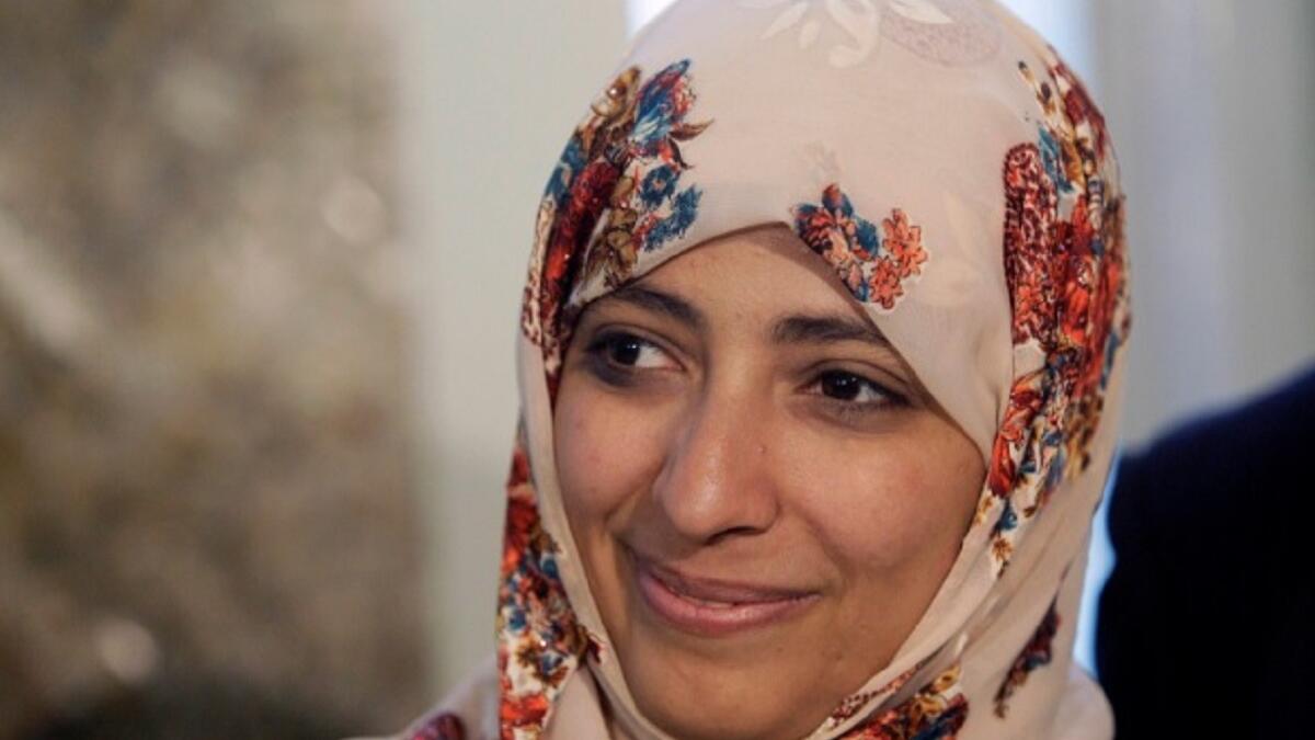 توكل كرمان - اليمن: 
صحفية وسياسية يمنية وعضو في حزب التجمع اليمني للإصلاح، مُنحت جائزة نوبل للسلام عام 2011 لنضالها السلمي لحماية المرأة وحقها في المشاركة في صنع السلام، تعرف في اليمن بالمرأة الحديدية.