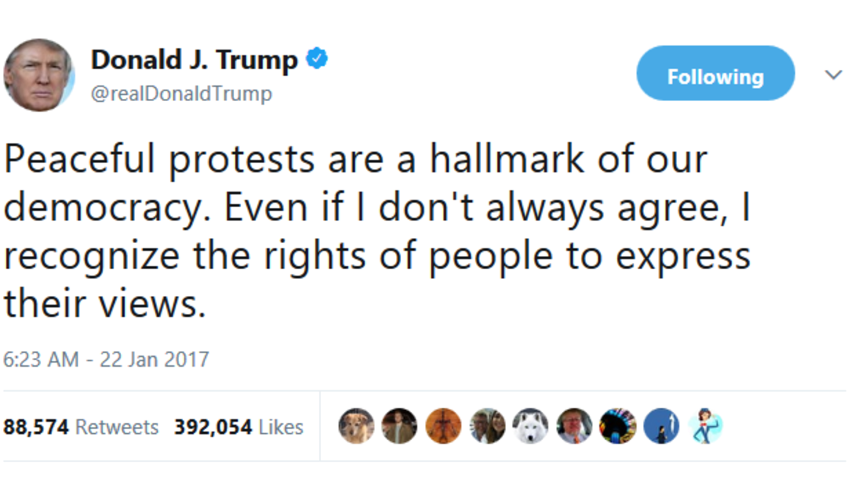 مظاهرات سلمية: نالت تغريدة حول مظاهرات معارضة له. " مسيرة النساء" قال ترامب إنه "يقر بحق الشعب في التعبير عن آرائه".