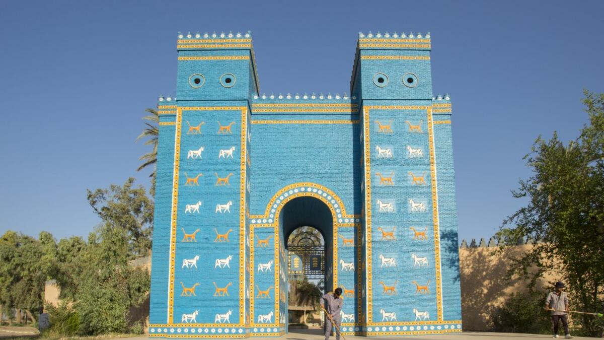 A picture taken on June 29, 2019 shows the the Ishtar Gate at the ancient archaeological site of Babylon, south of the Iraqi capital Baghdad.  Hussein FALEH / AFP