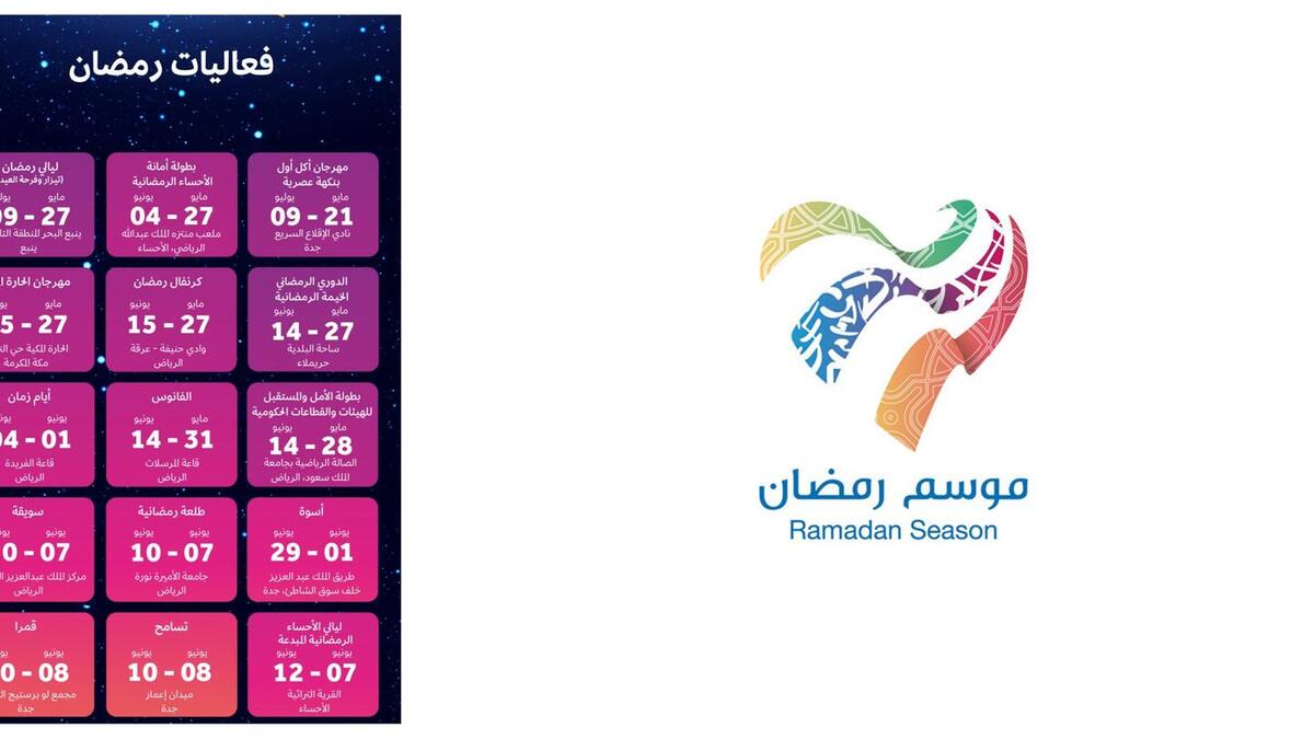 موسم شهر رمضان المبارك: فعاليات تتماشى مع الأجواء الرمضانية السائدة في كل مناطق المملكة، بالإضافة إلى عديد من الفعاليات الاجتماعية والتعليمية والثقافية ، ليتسنى للجميع عيش تجربة ترفيهية مناسبة خلال أيام الشهر الكريم. (6 مايو 3 يونيو)