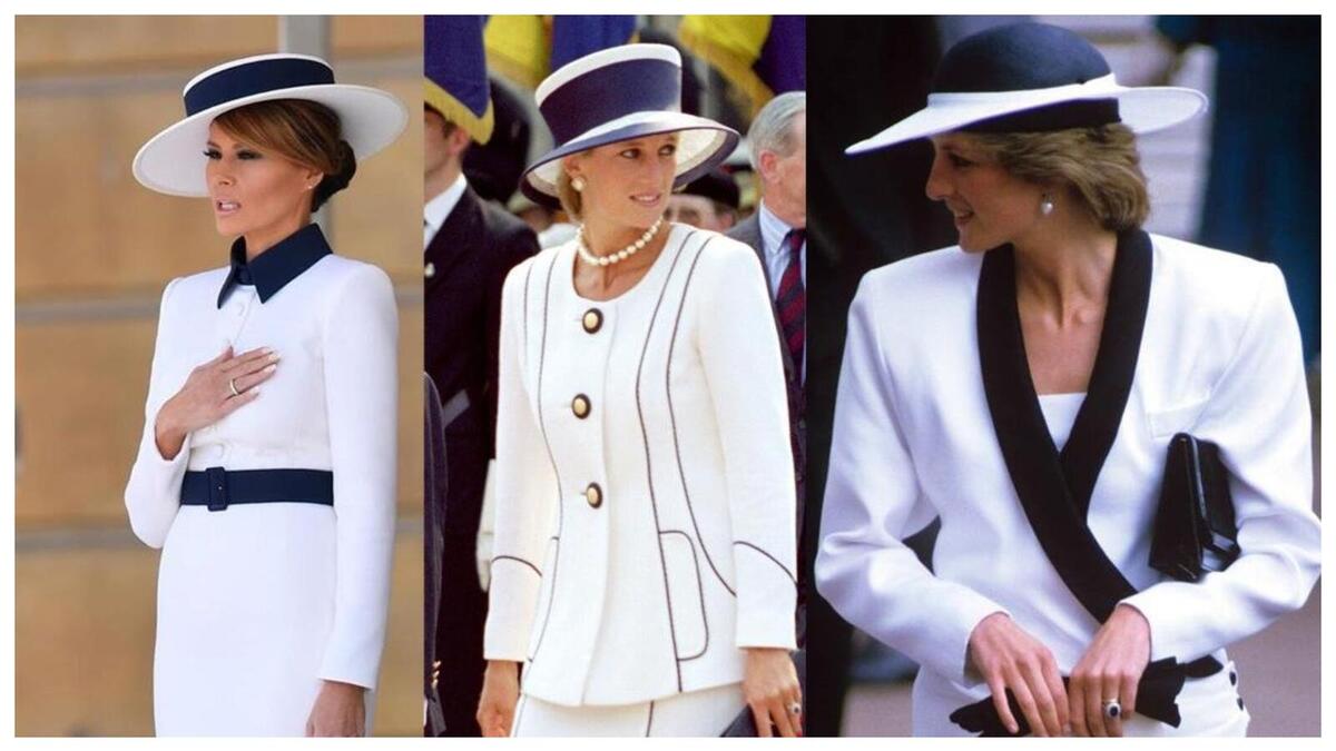 وقبيل توجهها الى قصر باكنغهام من أجل لقاء الملكة إليزابيث، اختارت "ميلانيا" بدلة بيضاء أعادت إلى الأذهان إطلالات الأميرة الراحلة ديانا في الثمانينيات وبداية التسعينيات من القرن العشرين.