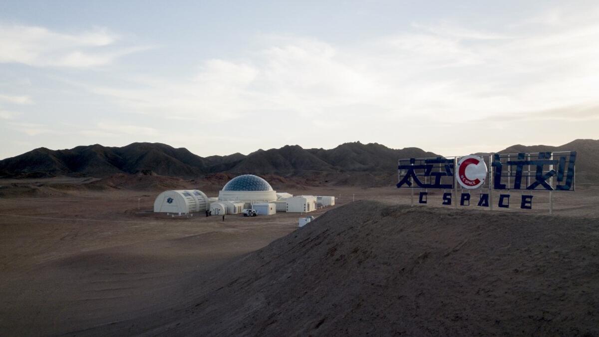 This aerial photo taken on April 17, 2019 shows "Mars Base 1", a C-Space Project, in the Gobi desert, some 40 km from Jinchang in China's northwest Gansu province on April 17, 2019. WANG ZHAO / AFP