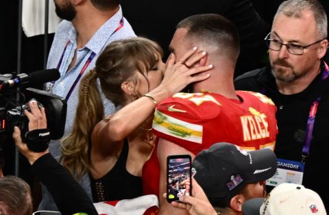 Super Bowl love story: Taylor Swift and Travis Kelce celebrate Chiefs win with a kiss