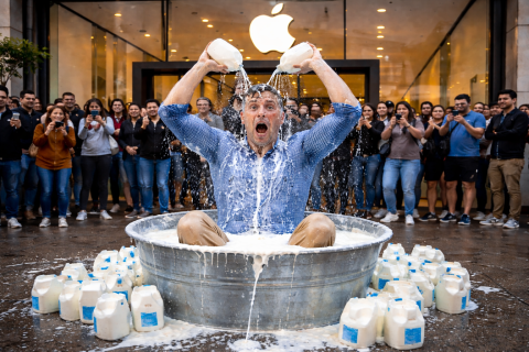 فيديو: رجل يستحم بالحليب أمام متجر آبل