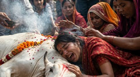 لحظة صادمة: امرأة هندية تنهار أثناء وداع بقرتها المقدسة